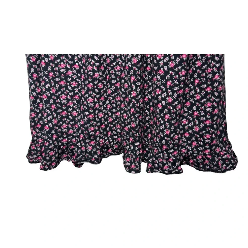Eileen West Nightgown Womens Large Black Floral Long Sleeve Button‎ Lace Flannel